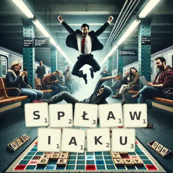 Kreatywna ilustracja do gry w Scrabble ze słowem SPŁAWIAKU ułożonym z płytek na planszy.