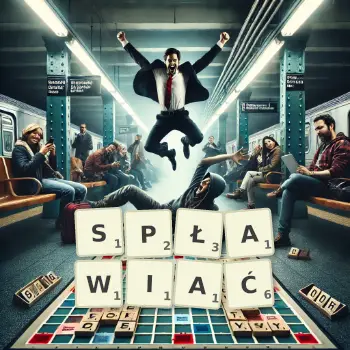 Kreatywna ilustracja do gry w Scrabble ze słowem SPŁAWIAĆ ułożonym z płytek na planszy.