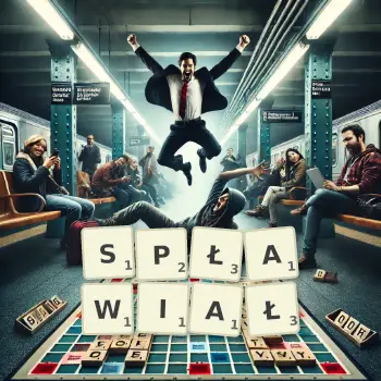 Kreatywna ilustracja do gry w Scrabble ze słowem SPŁAWIAŁ ułożonym z płytek na planszy.