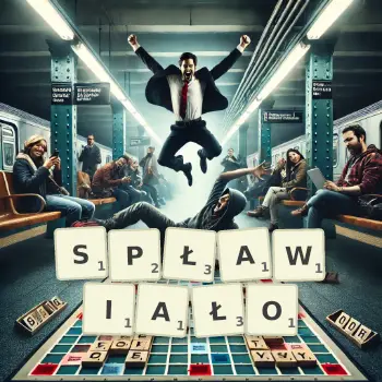 Kreatywna ilustracja do gry w Scrabble ze słowem SPŁAWIAŁO ułożonym z płytek na planszy.