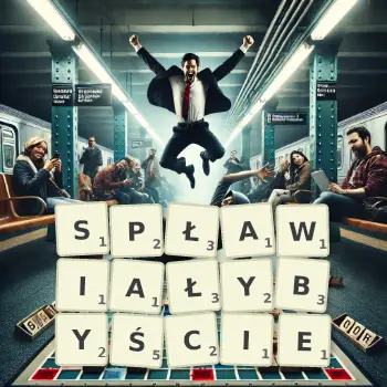 Kreatywna ilustracja do gry w Scrabble ze słowem SPŁAWIAŁYBYŚCIE ułożonym z płytek na planszy.