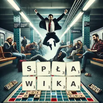 Kreatywna ilustracja do gry w Scrabble ze słowem SPŁAWIKA ułożonym z płytek na planszy.