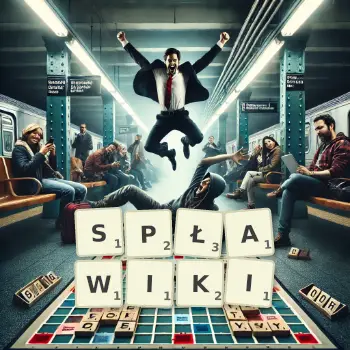 Kreatywna ilustracja do gry w Scrabble ze słowem SPŁAWIKI ułożonym z płytek na planszy.