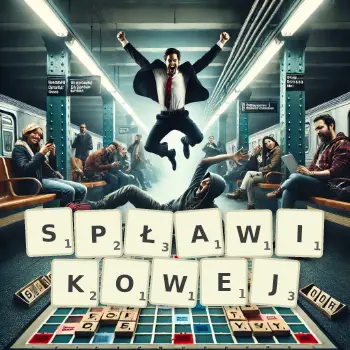 Kreatywna ilustracja do gry w Scrabble ze słowem SPŁAWIKOWEJ ułożonym z płytek na planszy.