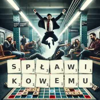 Kreatywna ilustracja do gry w Scrabble ze słowem SPŁAWIKOWEMU ułożonym z płytek na planszy.
