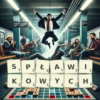 Kreatywna ilustracja do gry w Scrabble ze słowem SPŁAWIKOWYCH ułożonym z płytek na planszy.