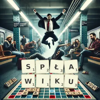 Kreatywna ilustracja do gry w Scrabble ze słowem SPŁAWIKU ułożonym z płytek na planszy.