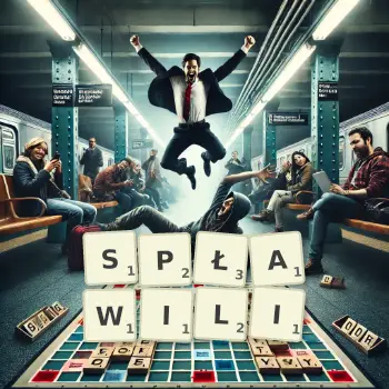 Kreatywna ilustracja do gry w Scrabble ze słowem SPŁAWILI ułożonym z płytek na planszy.