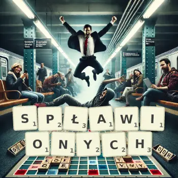 Kreatywna ilustracja do gry w Scrabble ze słowem SPŁAWIONYCH ułożonym z płytek na planszy.