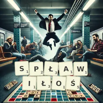 Kreatywna ilustracja do gry w Scrabble ze słowem SPŁAWIŁOŚ ułożonym z płytek na planszy.
