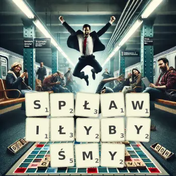 Kreatywna ilustracja do gry w Scrabble ze słowem SPŁAWIŁYBYŚMY ułożonym z płytek na planszy.