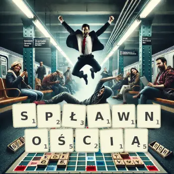 Kreatywna ilustracja do gry w Scrabble ze słowem SPŁAWNOŚCIĄ ułożonym z płytek na planszy.
