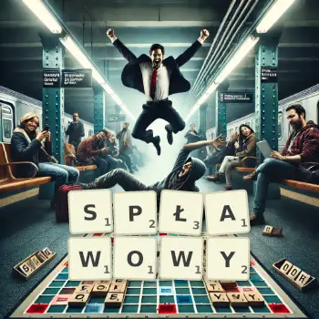 Kreatywna ilustracja do gry w Scrabble ze słowem SPŁAWOWY ułożonym z płytek na planszy.