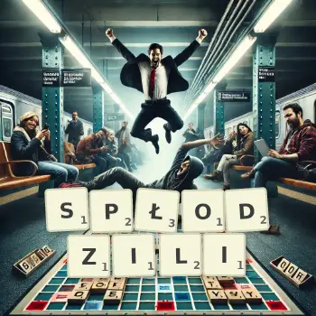 Kreatywna ilustracja do gry w Scrabble ze słowem SPŁODZILI ułożonym z płytek na planszy.