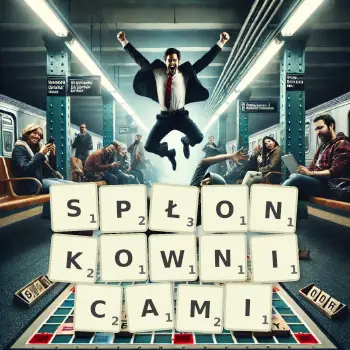 Kreatywna ilustracja do gry w Scrabble ze słowem SPŁONKOWNICAMI ułożonym z płytek na planszy.