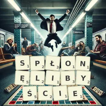 Kreatywna ilustracja do gry w Scrabble ze słowem SPŁONĘLIBYŚCIE ułożonym z płytek na planszy.