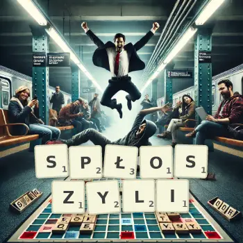 Kreatywna ilustracja do gry w Scrabble ze słowem SPŁOSZYLI ułożonym z płytek na planszy.