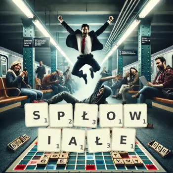 Kreatywna ilustracja do gry w Scrabble ze słowem SPŁOWIAŁE ułożonym z płytek na planszy.