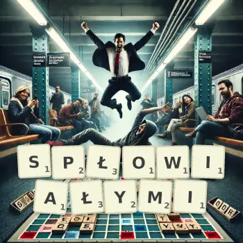 Kreatywna ilustracja do gry w Scrabble ze słowem SPŁOWIAŁYMI ułożonym z płytek na planszy.
