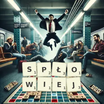 Kreatywna ilustracja do gry w Scrabble ze słowem SPŁOWIEJ ułożonym z płytek na planszy.