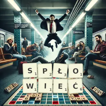 Kreatywna ilustracja do gry w Scrabble ze słowem SPŁOWIEĆ ułożonym z płytek na planszy.