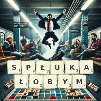 Kreatywna ilustracja do gry w Scrabble ze słowem SPŁUKAŁOBYM ułożonym z płytek na planszy.