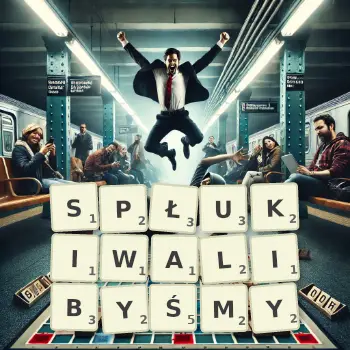 Kreatywna ilustracja do gry w Scrabble ze słowem SPŁUKIWALIBYŚMY ułożonym z płytek na planszy.