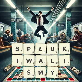 Kreatywna ilustracja do gry w Scrabble ze słowem SPŁUKIWALIŚMY ułożonym z płytek na planszy.