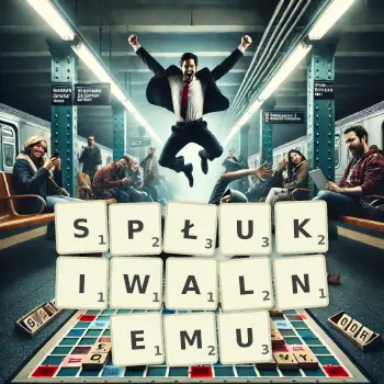 Kreatywna ilustracja do gry w Scrabble ze słowem SPŁUKIWALNEMU ułożonym z płytek na planszy.