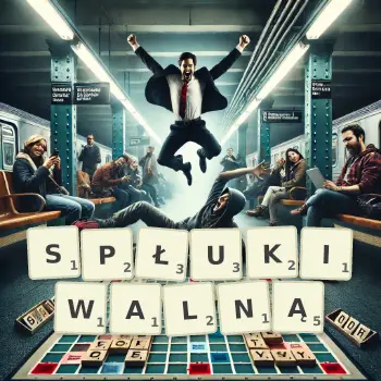 Kreatywna ilustracja do gry w Scrabble ze słowem SPŁUKIWALNĄ ułożonym z płytek na planszy.