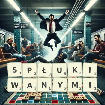 Kreatywna ilustracja do gry w Scrabble ze słowem SPŁUKIWANYMI ułożonym z płytek na planszy.