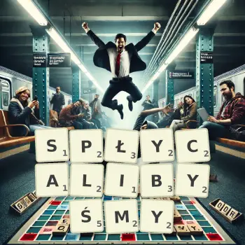 Kreatywna ilustracja do gry w Scrabble ze słowem SPŁYCALIBYŚMY ułożonym z płytek na planszy.