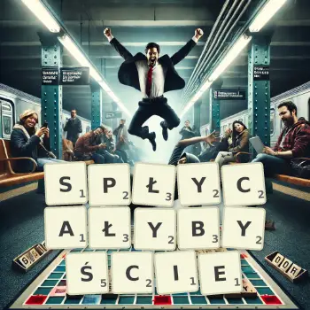 Kreatywna ilustracja do gry w Scrabble ze słowem SPŁYCAŁYBYŚCIE ułożonym z płytek na planszy.