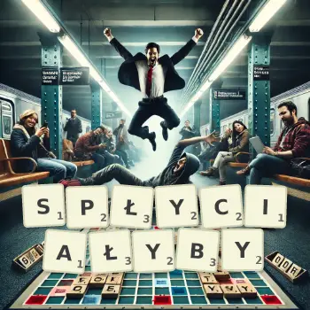 Kreatywna ilustracja do gry w Scrabble ze słowem SPŁYCIAŁYBY ułożonym z płytek na planszy.
