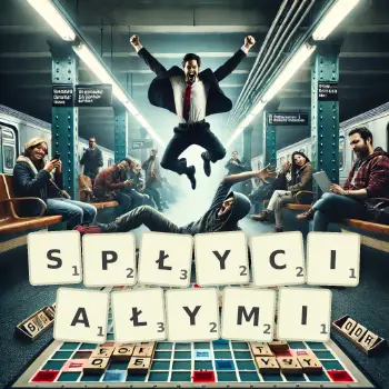 Kreatywna ilustracja do gry w Scrabble ze słowem SPŁYCIAŁYMI ułożonym z płytek na planszy.