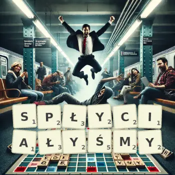 Kreatywna ilustracja do gry w Scrabble ze słowem SPŁYCIAŁYŚMY ułożonym z płytek na planszy.