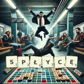 Kreatywna ilustracja do gry w Scrabble ze słowem SPŁYCĘ ułożonym z płytek na planszy.