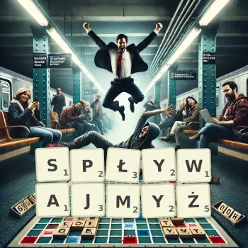 Kreatywna ilustracja do gry w Scrabble ze słowem SPŁYWAJMYŻ ułożonym z płytek na planszy.