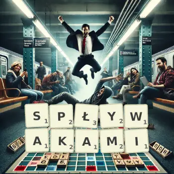 Kreatywna ilustracja do gry w Scrabble ze słowem SPŁYWAKAMI ułożonym z płytek na planszy.
