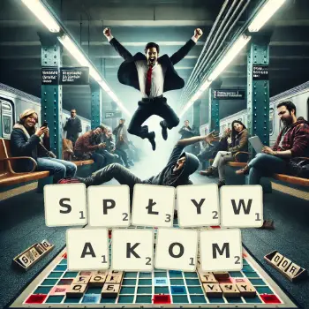 Kreatywna ilustracja do gry w Scrabble ze słowem SPŁYWAKOM ułożonym z płytek na planszy.