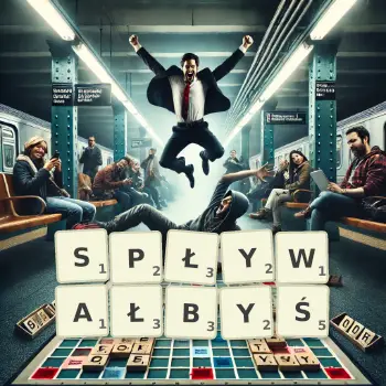 Kreatywna ilustracja do gry w Scrabble ze słowem SPŁYWAŁBYŚ ułożonym z płytek na planszy.