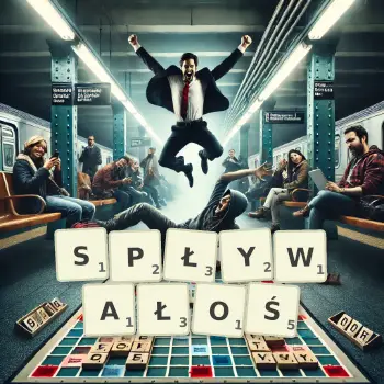 Kreatywna ilustracja do gry w Scrabble ze słowem SPŁYWAŁOŚ ułożonym z płytek na planszy.