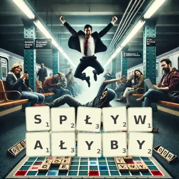 Kreatywna ilustracja do gry w Scrabble ze słowem SPŁYWAŁYBY ułożonym z płytek na planszy.