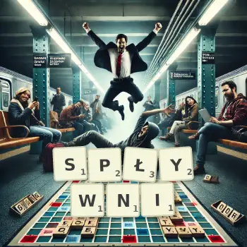 Kreatywna ilustracja do gry w Scrabble ze słowem SPŁYWNI ułożonym z płytek na planszy.