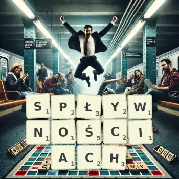 Kreatywna ilustracja do gry w Scrabble ze słowem SPŁYWNOŚCIACH ułożonym z płytek na planszy.