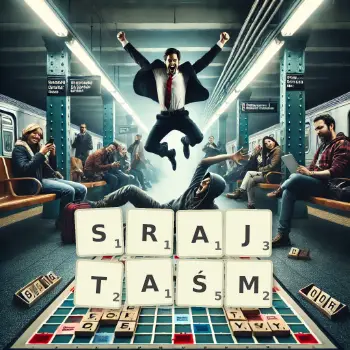 Kreatywna ilustracja do gry w Scrabble ze słowem SRAJTAŚM ułożonym z płytek na planszy.