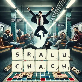 Kreatywna ilustracja do gry w Scrabble ze słowem SRALUCHACH ułożonym z płytek na planszy.