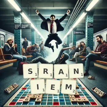 Kreatywna ilustracja do gry w Scrabble ze słowem SRANIEM ułożonym z płytek na planszy.