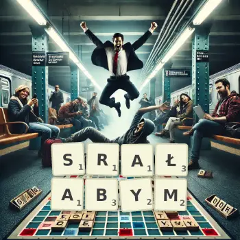 Kreatywna ilustracja do gry w Scrabble ze słowem SRAŁABYM ułożonym z płytek na planszy.