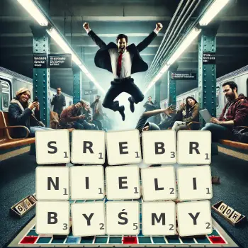 Kreatywna ilustracja do gry w Scrabble ze słowem SREBRNIELIBYŚMY ułożonym z płytek na planszy.